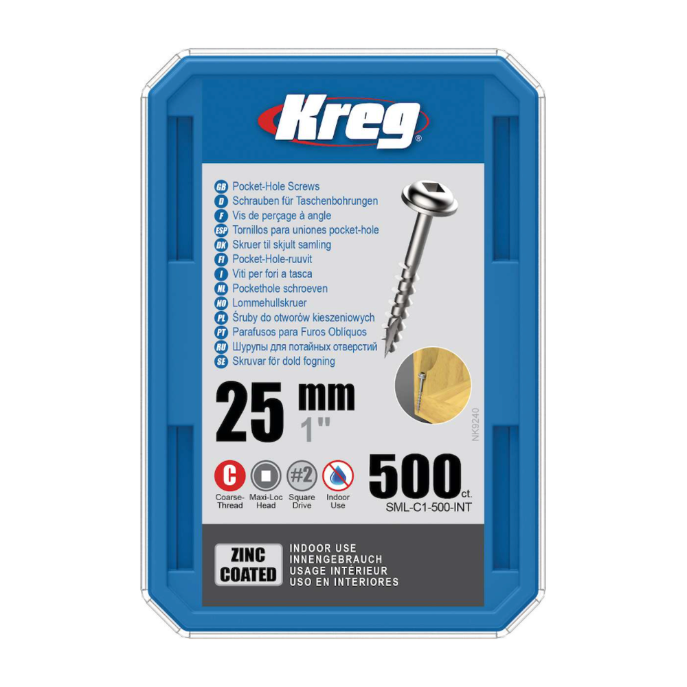 Kreg Pocket-Hole Screws 25 mm, Zinc Coated, Maxi-Loc, Coarse Thread, 500 piece