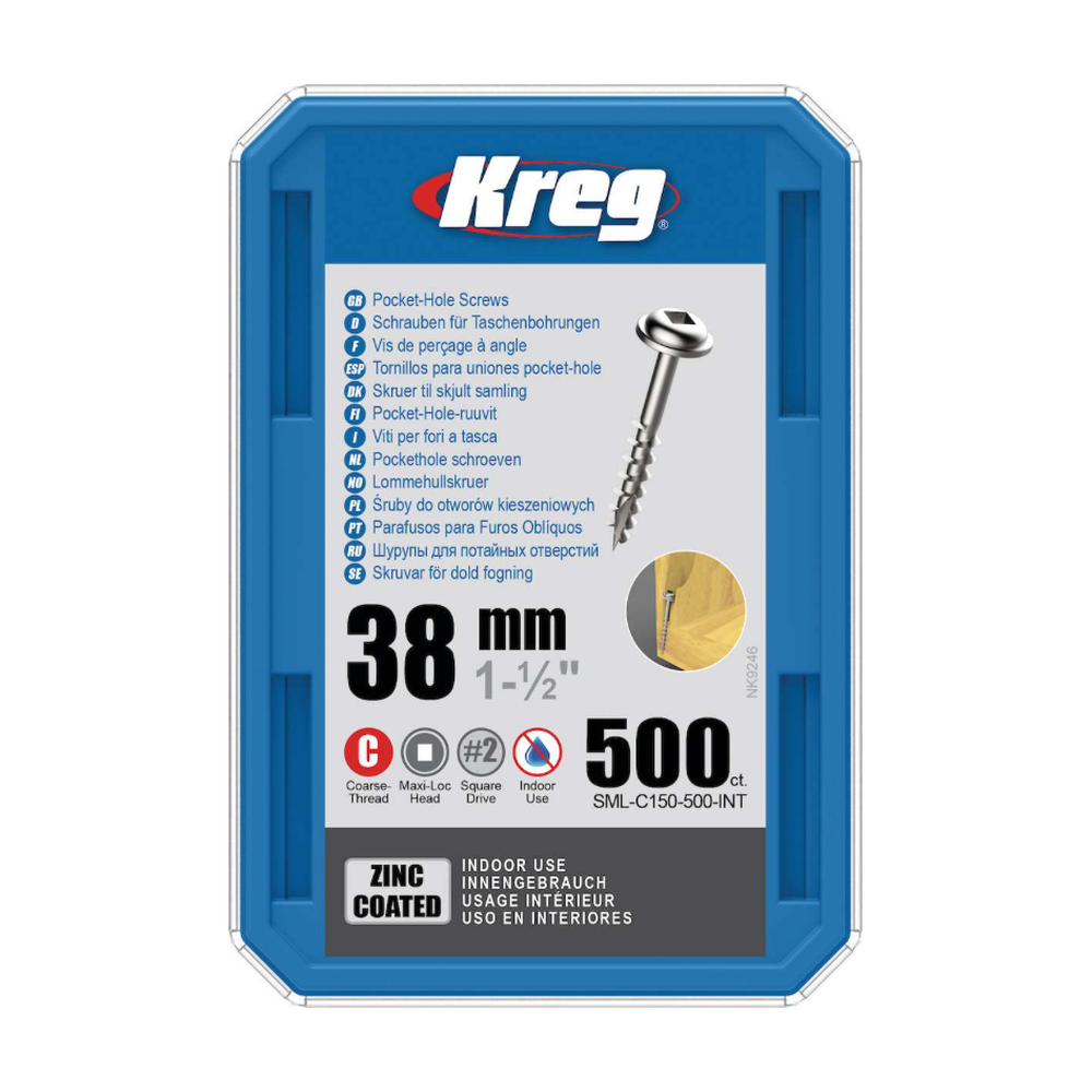 Kreg Pocket-Hole Screws 38 mm, Zinc Coated, Maxi-Loc, Coarse Thread, 500 piece