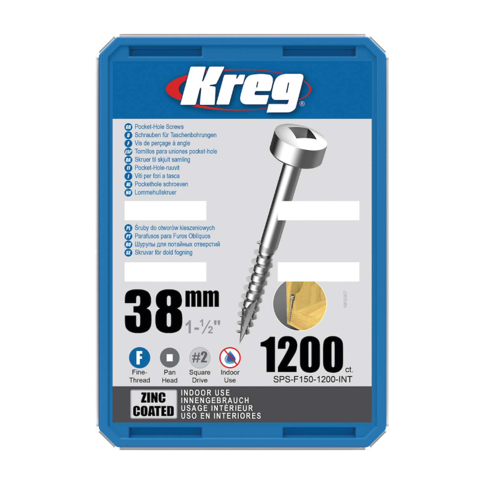 Kreg Pocket-Hole Screws 38 mm, Zinc Coated, Pan-Head, Fine Thread, 1200 piece