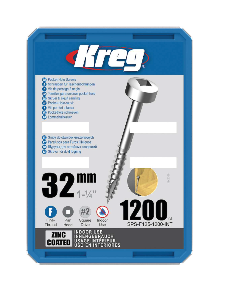 Kreg Pocket-Hole Screws 32 mm, Zinc Coated, Pan-Head, Fine Thread, 1200 piece