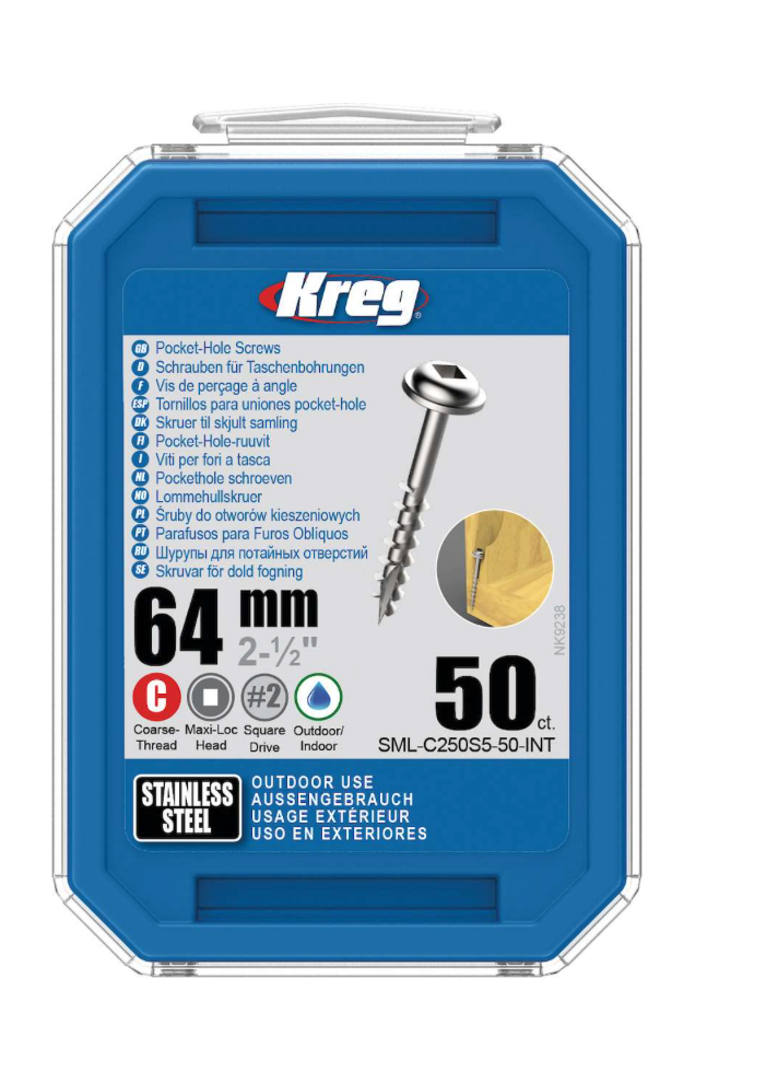 Kreg Pocket-Hole Screws 64 mm, Stainless Steel, Maxi-Loc, Coarse Thread, 50 piece