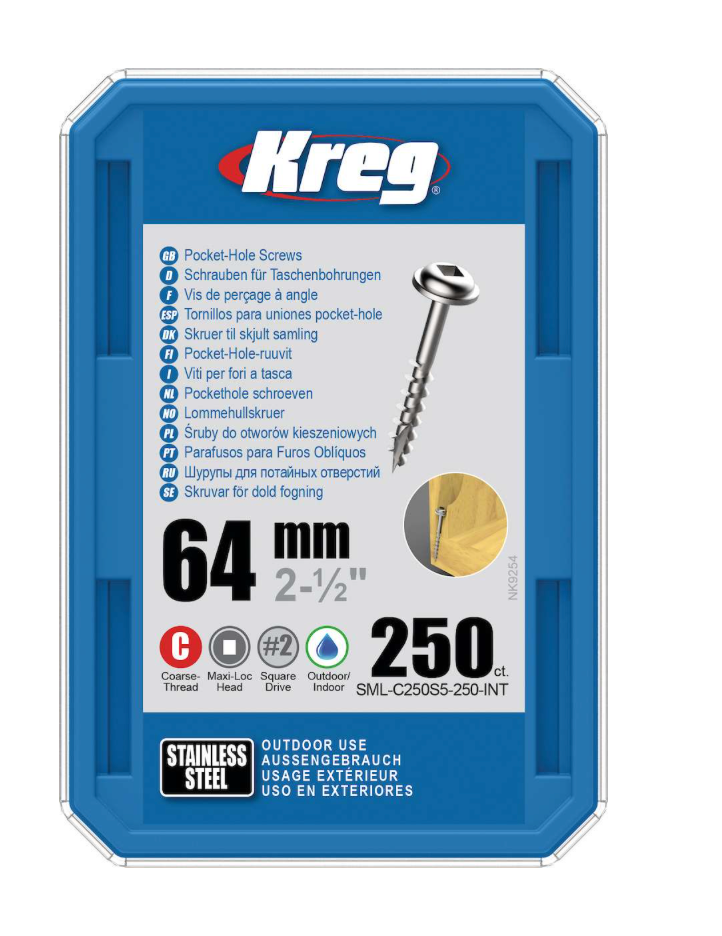 Kreg Pocket-Hole Screws 64 mm, Stainless Steel, Maxi-Loc, Coarse Thread, 250 piece