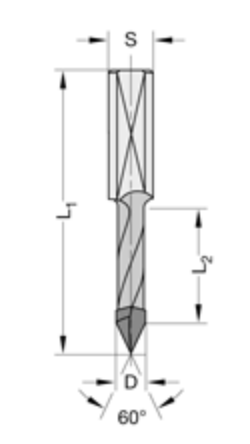 Doorgangboor met daktand 60°	HW	Z=2/V=2 Schacht 8 mm, voor doorboren