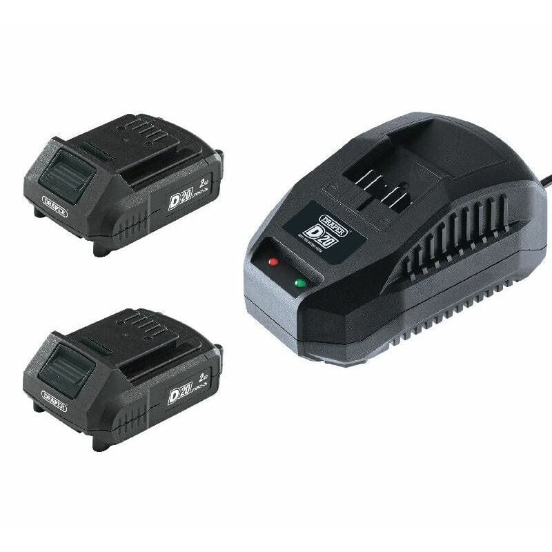 2 x D20 Accu 20V, 2.0Ah Li - ion (D55887) + 1 x D20 lader (D98438)Draper ToolsMZS Gereedschap