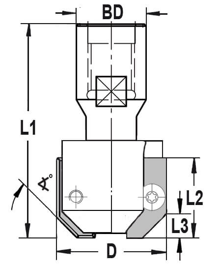 UNITEC houder met fasekeermessen 45° zonder lager, L3=8 mm, Binnendraad M12, HW