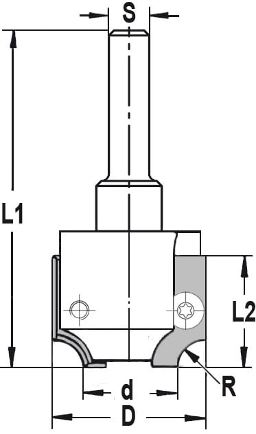 UNITEC houder met kwartrondkeermessen R=6,0 mm zonder lager, D=32 mm, S=10 mm, HW