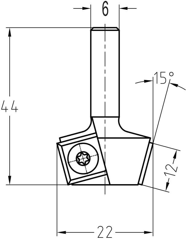 Keermesfasefrees 15° zonder lager, L2=11.5 mm, S=6 mm, HW