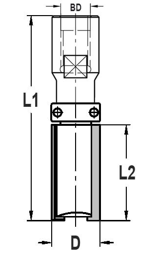 Kantenfrees recht Ø 19 x 50 mm, TL=87 mm, Binnendraad M10, HW
