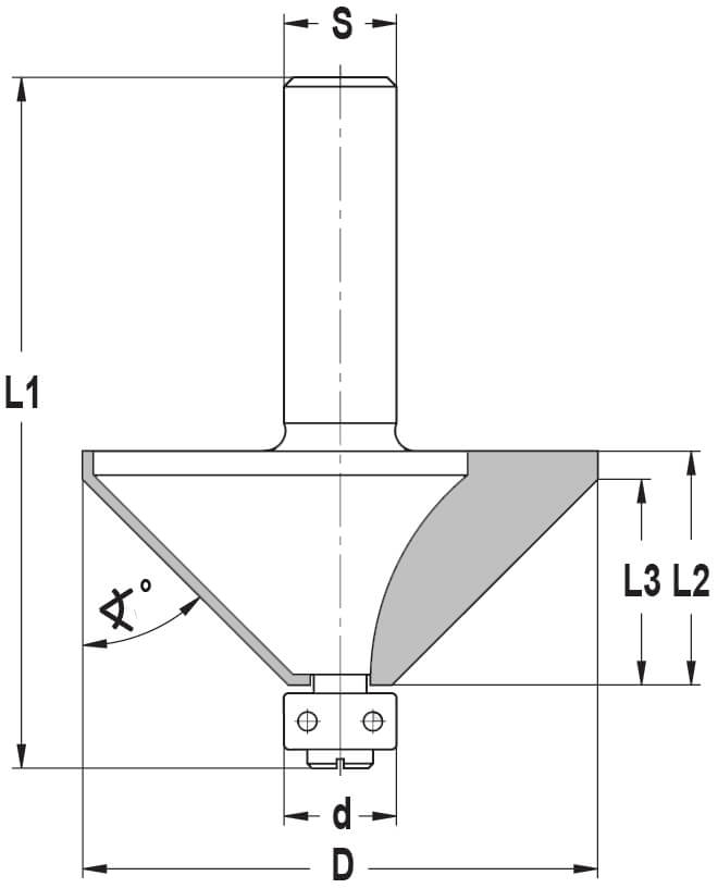 Fasefrees 45° met lager, L3=21,5 mm, TL=73 mm, S=12 mm, HW