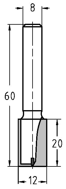 Groeffrees Ø 12 x 20 mm, TL=60 mm, S=8 mm, HW