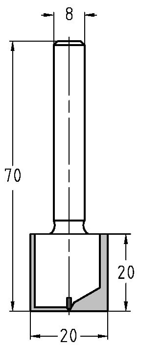 Groeffrees Ø 20 x 20 mm, TL=70 mm, S=8 mm, HS