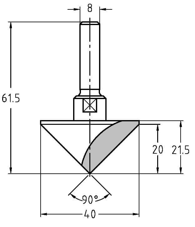 V-Groeffrees 90°, D=40 mm, S=8 mm, HW, Z=1