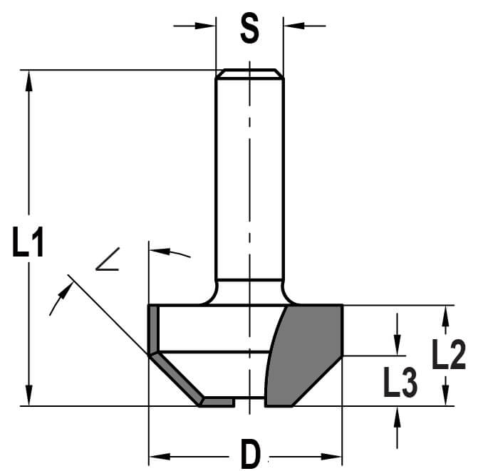 Fasefrees 45° zonder lager, L3=7 mm, TL=40 mm, S=6 mm, HW