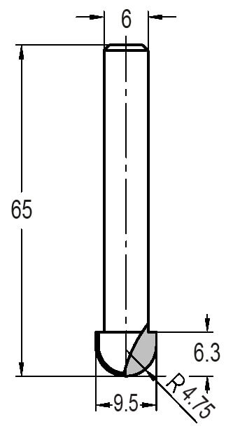 Houtrotfrees R=4,75 mm, TL=65 mm, S=6 mm, HW