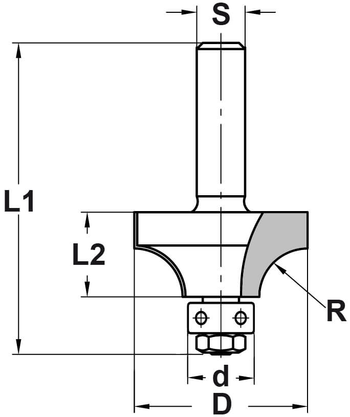 Kwartrondprofielfrees R=12,7 mm met lager, D=38,1 mm, S=8 mm, HW