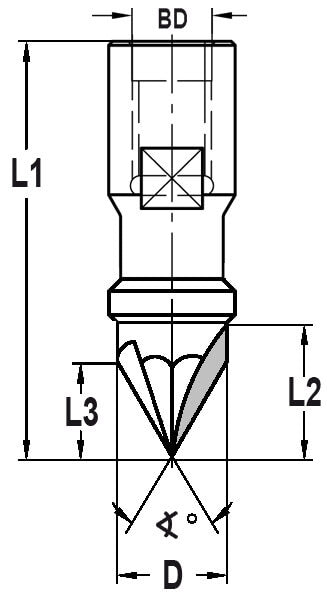 V-Groeffrees 90°, D=14 mm, Binnendraad M12, VHW, Z=3
