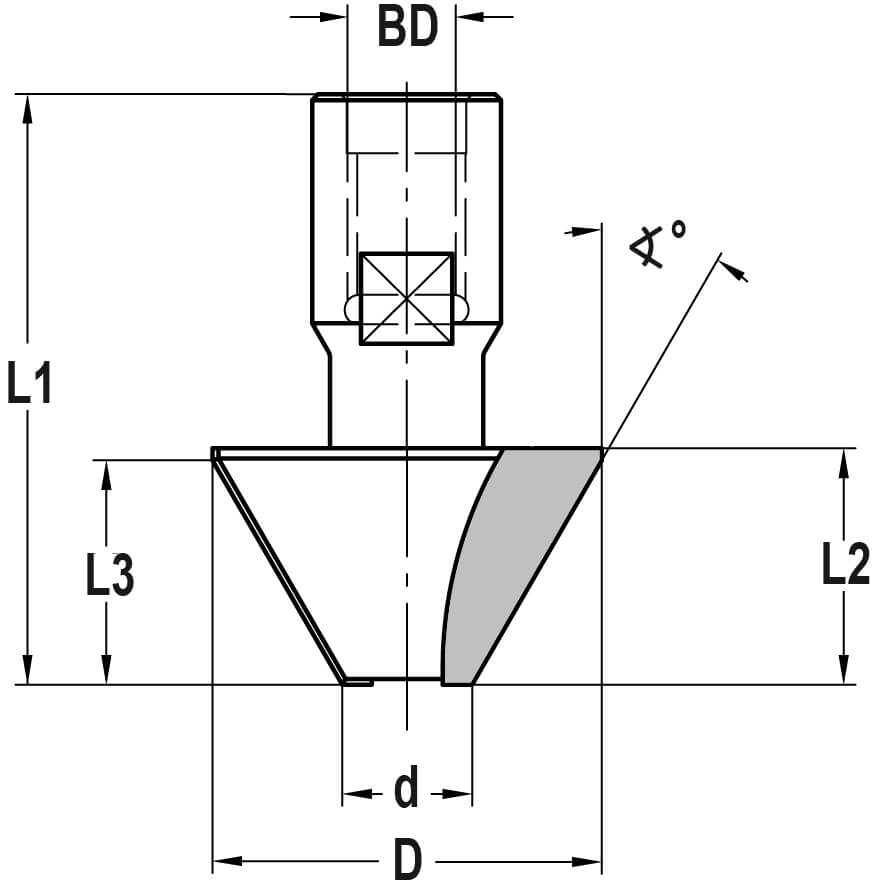 Fasefrees 30° zonder lager, L3=19 mm, TL=50 mm, Binnendraad M10, HW