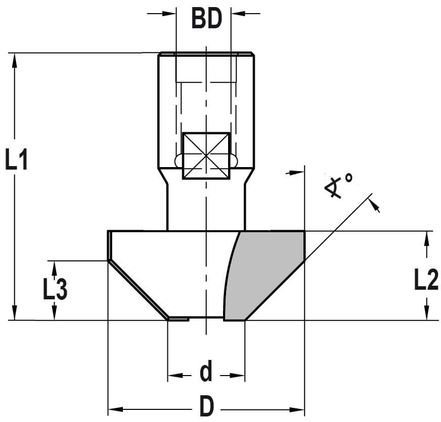 Fasefrees 45° zonder lager, L3=10 mm, TL=45 mm, Binnendraad M10, HW