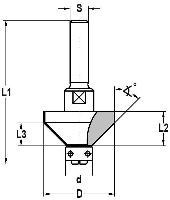 Fasefrees 45° met lager, L3=10 mm, TL=65 mm, S=10 mm, HW