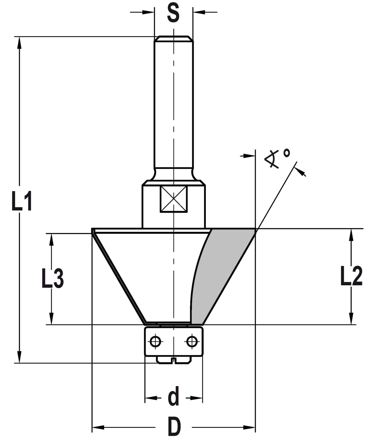 Fasefrees 30° met lager, L3=19 mm, TL=70 mm, S=10 mm, HW