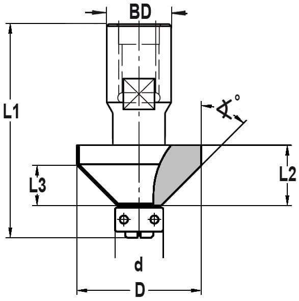 Fasefrees 45° met lager, L3=10 mm, TL=55 mm, Binnendraad M10, HW