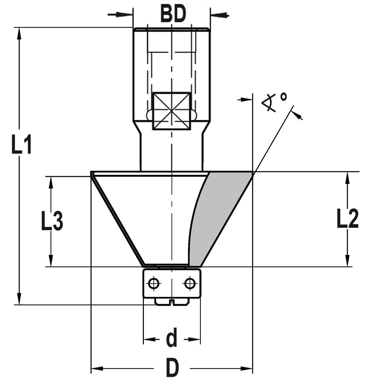 Fasefrees 30° met lager, L3=19 mm, TL=60 mm, Binnendraad M12, HW