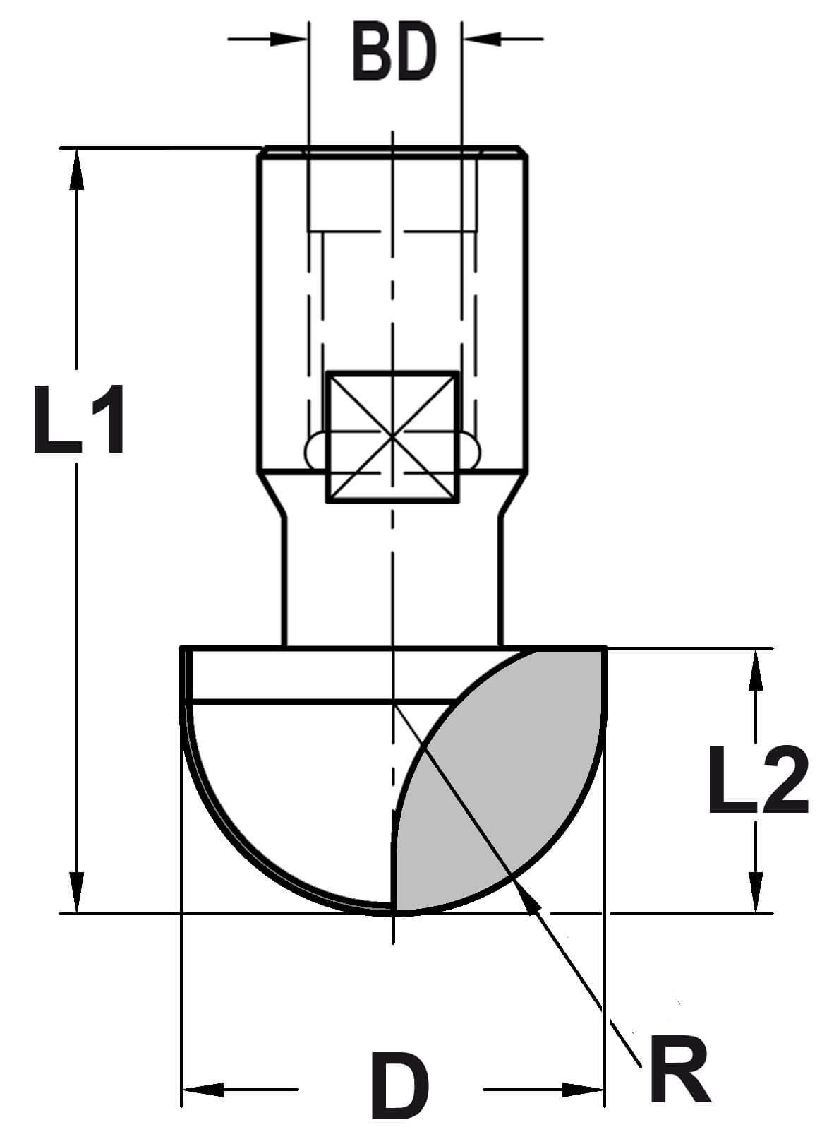 Holprofielfrees R=8,0 mm, TL=41 mm, Binnendraad M12, HW