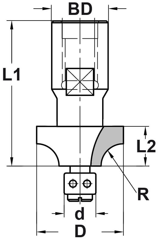 Kwartrondprofielfrees R=9,5 mm met lager, D=33 mm, Binnendraad M12, HW