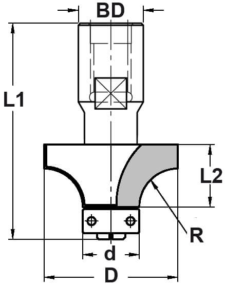 Afrondprofielfrees R=12,7 mm met lager, D=39,4 mm, Binnendraad M12, HW