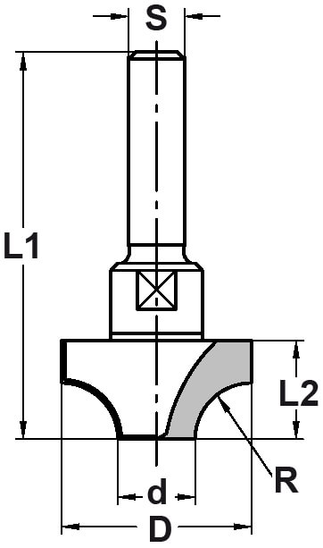 Kwartrondprofielfrees R=12,7 mm onderkant ingelegd HW, D=37,4 mm, S=8 mm, HW