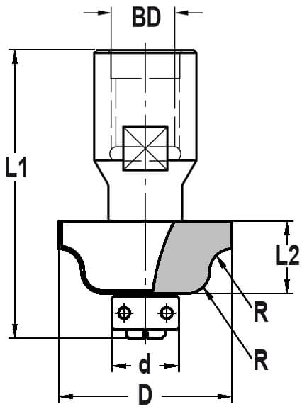 Lijstfrees R=6,3 mm met lager, L2=19 mm, Binnendraad M12, HW
