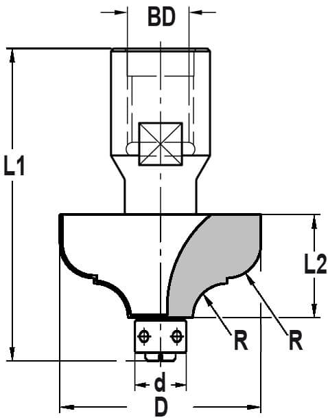 Multiprofielfrees R=6,3 mm met lager 9 mm, L2=19 mm, Binnendraad M12, HW
