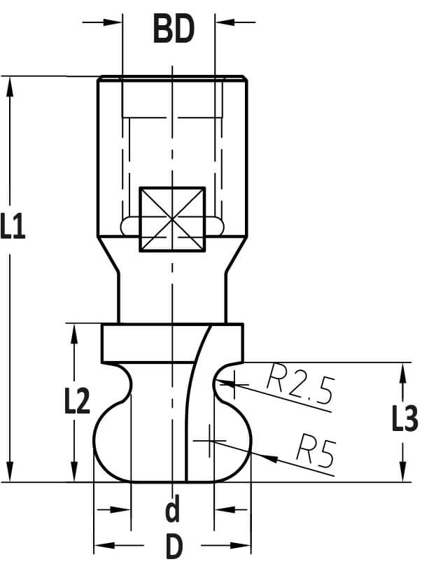 Handgreepprofielfrees R=2.5/5.0, L3=14.5 mm, Binnendraad M12, HW