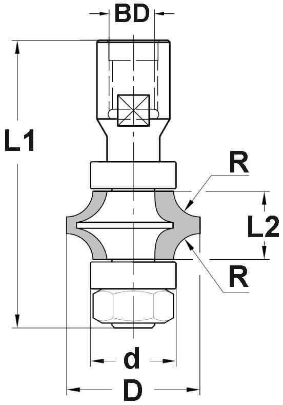 Spitskantenfrees R=4,8 mm met dubbel lager, D=25,4 mm, Binnendraad M10, HW