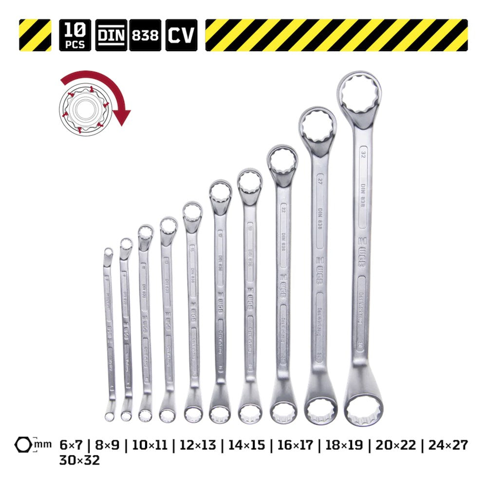 ringsleutelset, doorgezette ring, 6-17mm, DIN 838-1