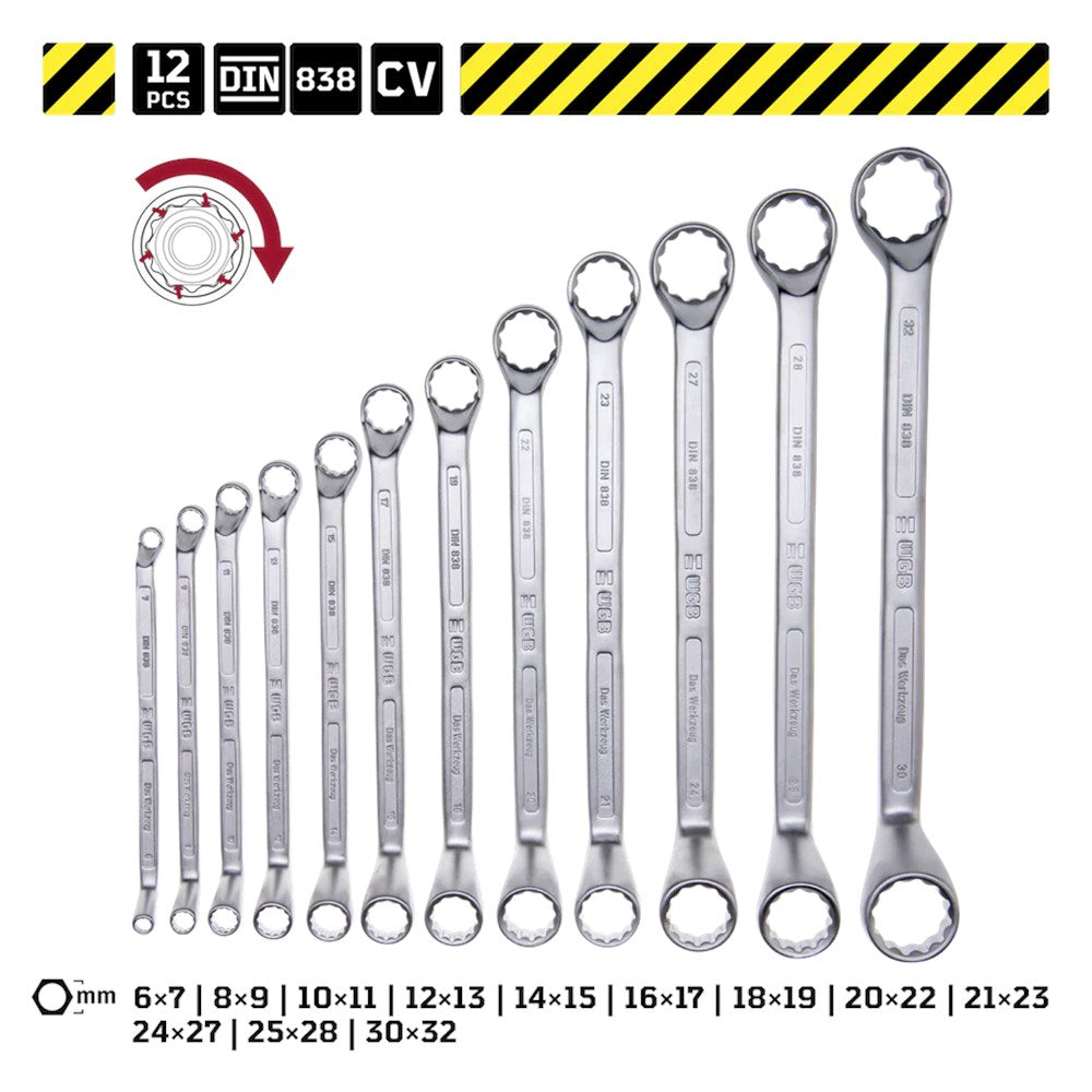 ringsleutelset, doorgezette ring, 6-17mm, DIN 838-1