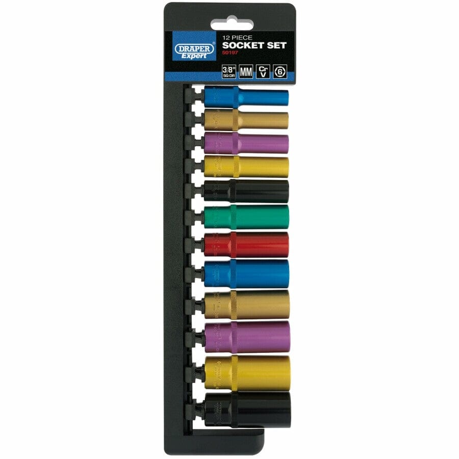 3/8” Doppenrail gekleurd, 12dlg, langDraper ToolsMZS Gereedschap