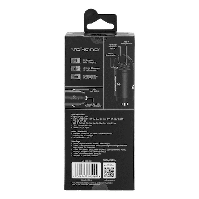 Volkano Veilix USB-autolader – 45 W – USB-A + USB-C – Zwart