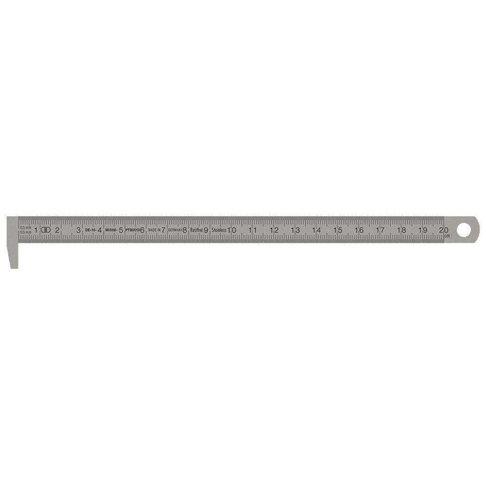 Liniaal 200x13x0,5mm RvS, dubbelzijdig, met stophaken 90-0