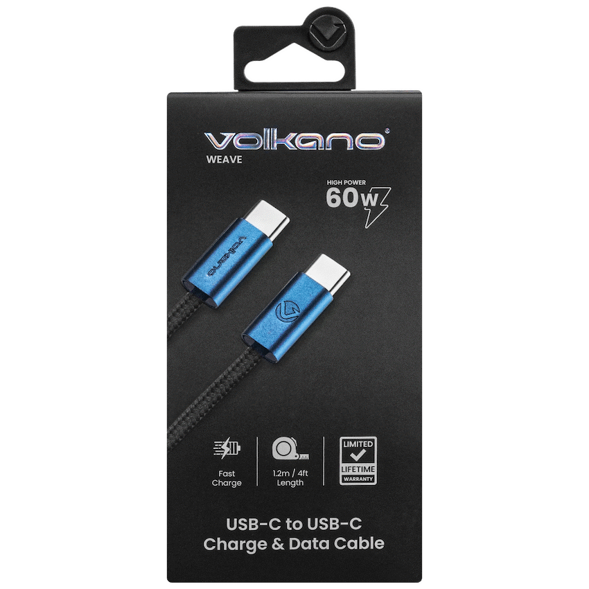 Volkano Weave Oplaadkabel – USB-C → USB-C – 1.2 m – Blauw