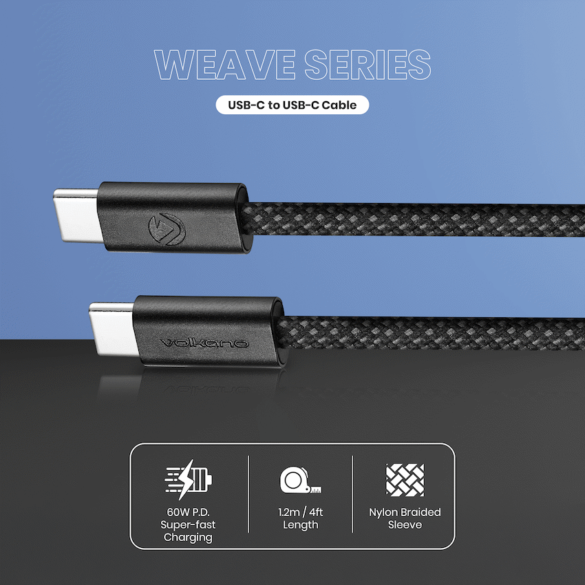 Volkano Weave Oplaadkabel – USB-C → USB-C – 1.2 m – Zwart