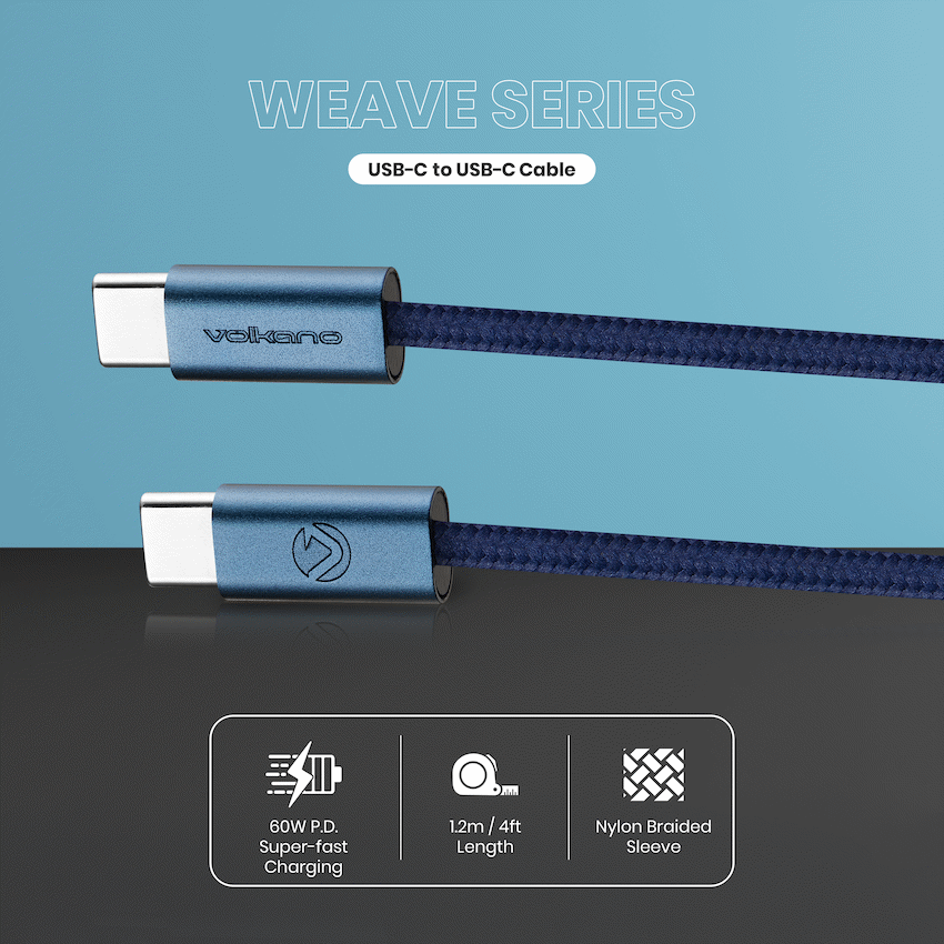 Volkano Weave Oplaadkabel – USB-C → USB-C – 1.2 m – Blauw
