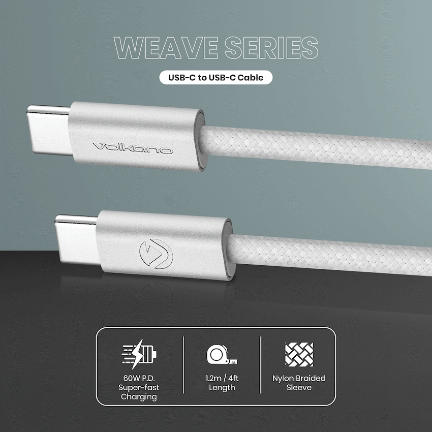 Volkano Weave Oplaadkabel – USB-C → USB-C – 1.2 m – Wit