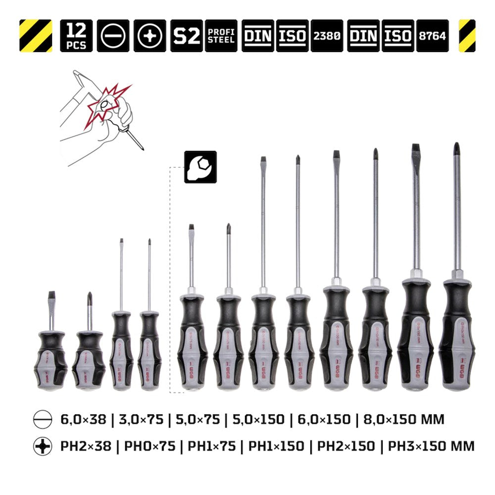Schroevendraaierset, DIN ISO 238680, DIN ISO 8764, 12-dlg-0