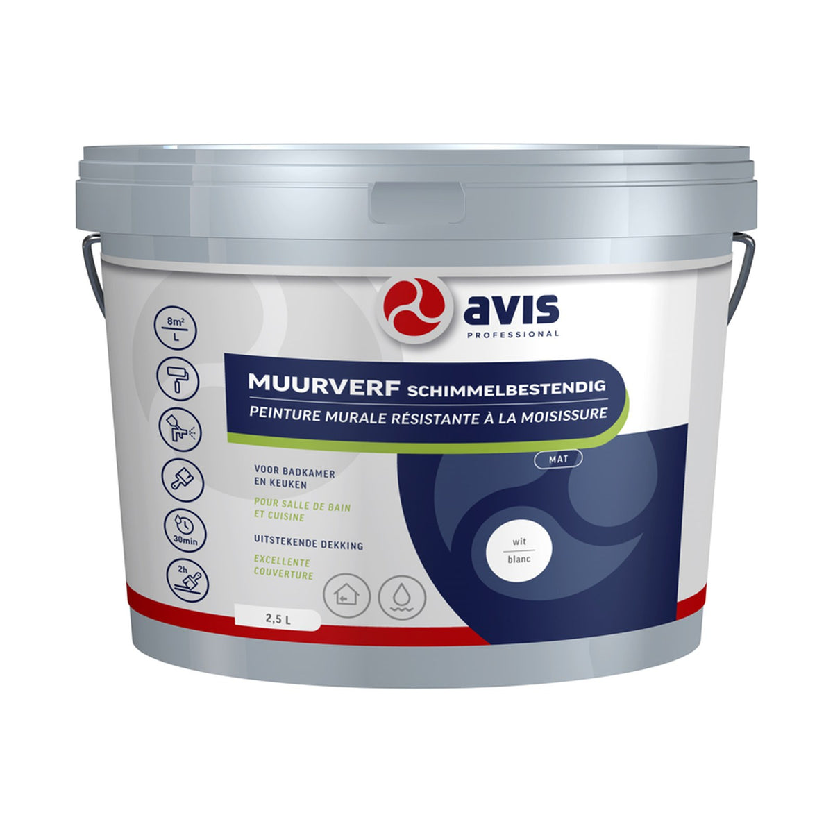 Avis Muurverf Schimmelbestendig Wit Mat 2,5 liter – EAN 8712576301000