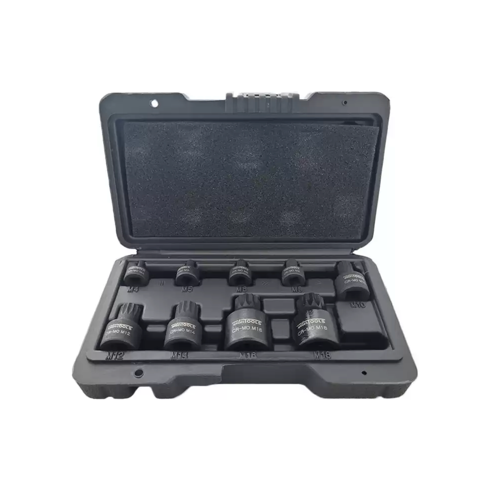 9-delige Stubby Impact Spline Bit-doppenset M4 tot M18 Laag profiel