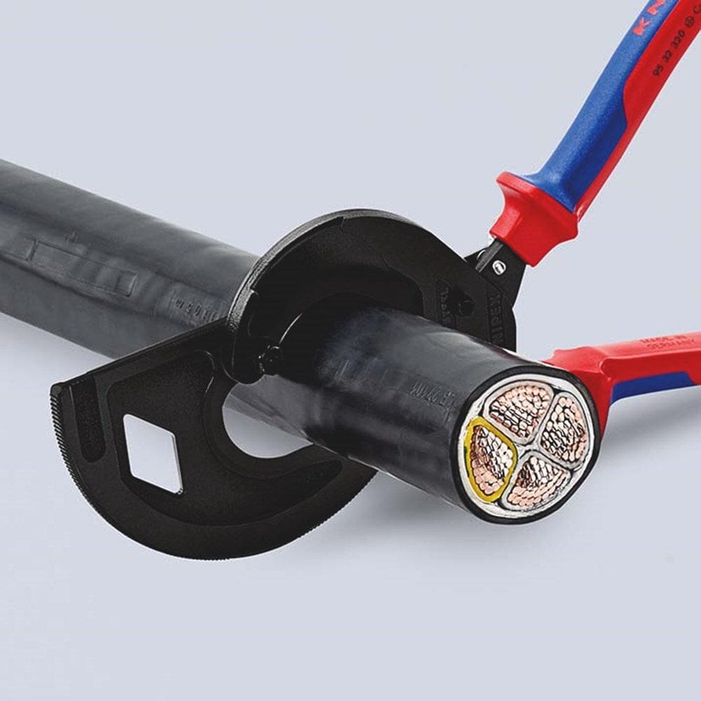 KNIPEX 95 32 320 Kabelschaar (ratelprincipe, 3-gangen) met meer-componentengrepen zwart geatramentee-3