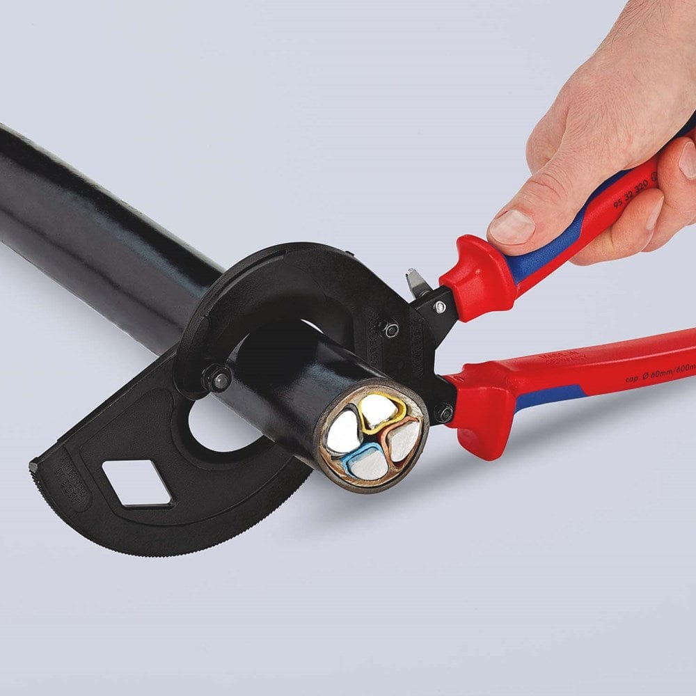 KNIPEX 95 32 320 Kabelschaar (ratelprincipe, 3-gangen) met meer-componentengrepen zwart geatramentee-5