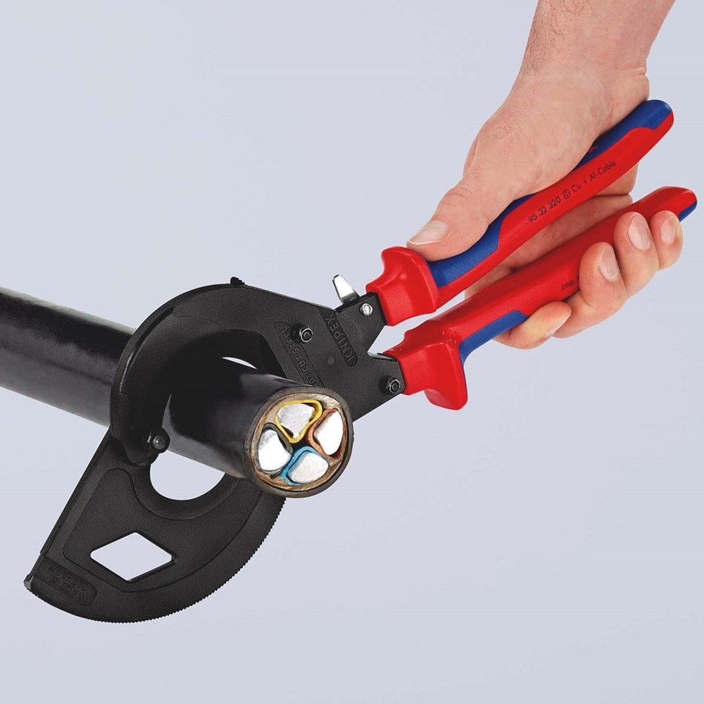 KNIPEX 95 32 320 Kabelschaar (ratelprincipe, 3-gangen) met meer-componentengrepen zwart geatramentee-6