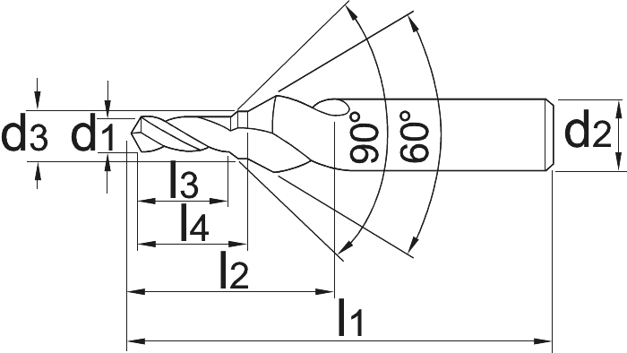 Phantom HSS-E Centerboor DIN 332-2 D voor tapgaten, 60°, met spanvlak